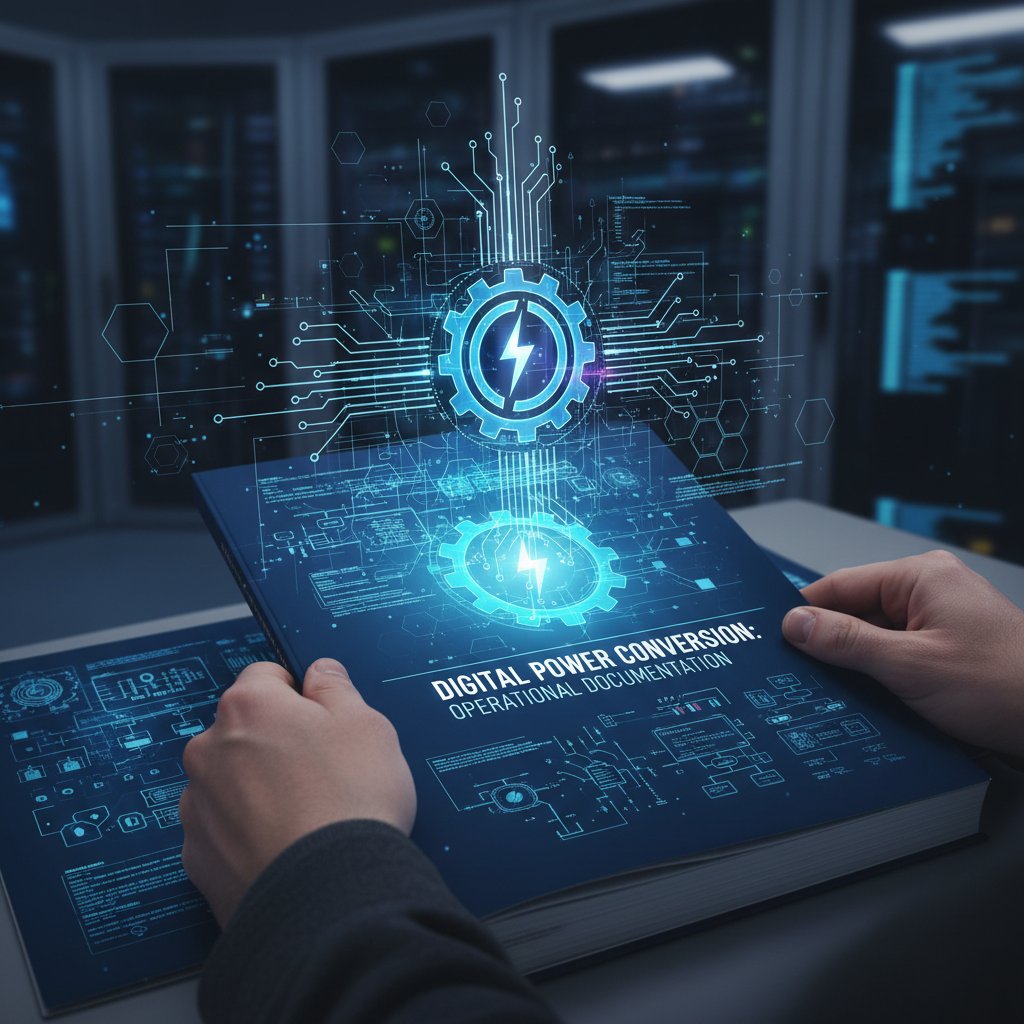 A thick paper manual transforming into a glowing digital icon, symbolizing the power of next-gen technical manual creation apps