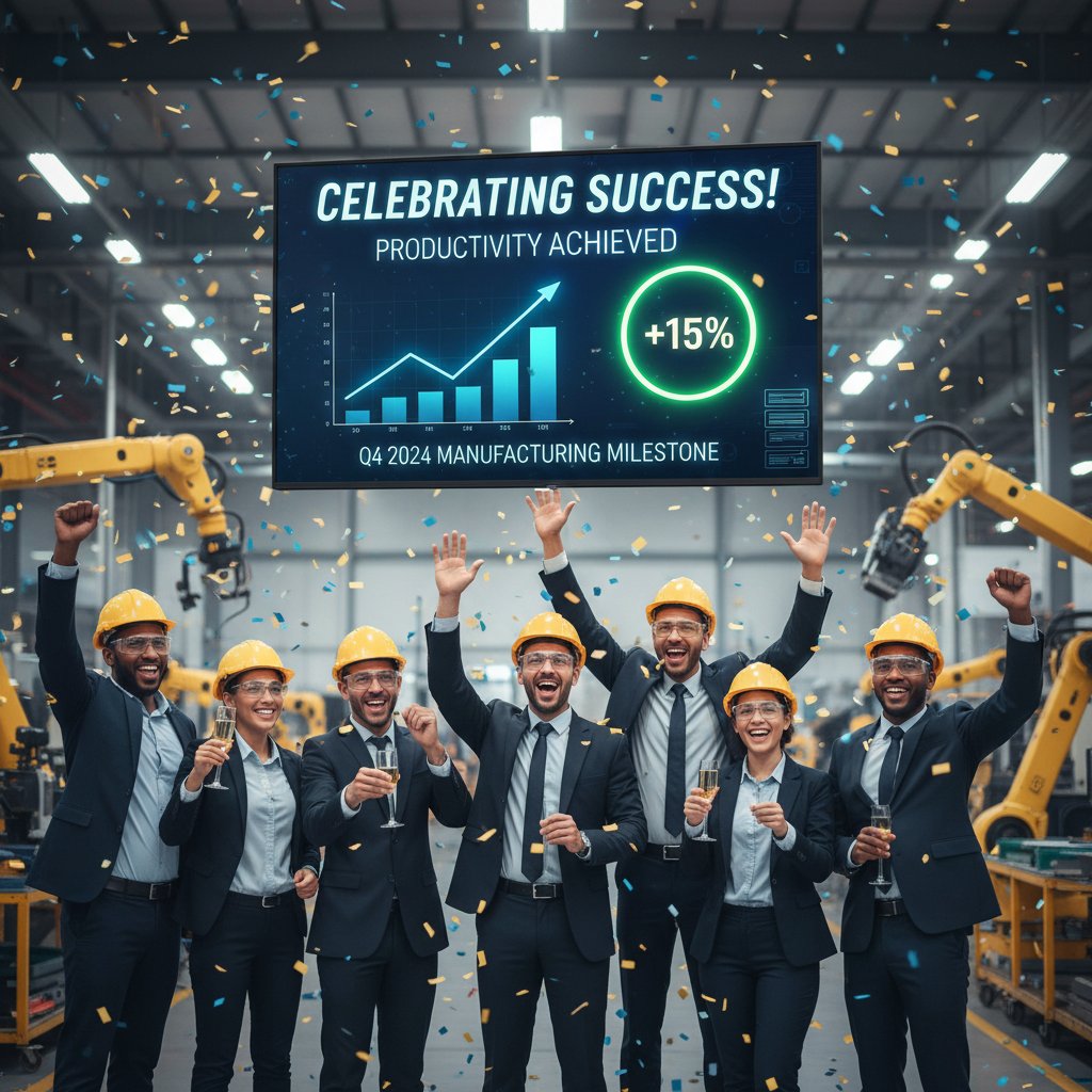 Manufacturing team celebrates improved productivity around a glowing digital dashboard, representing successful technical manual app implementation