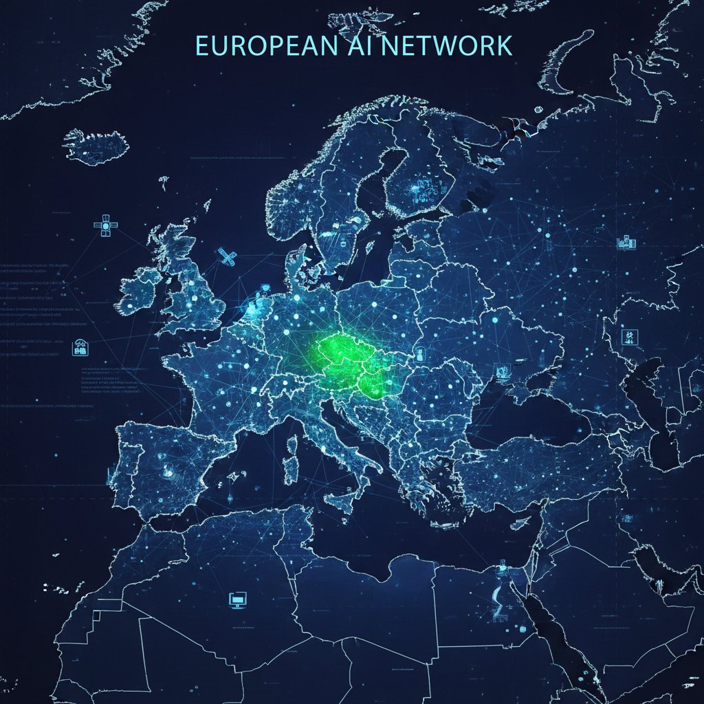 Mapa Europy z podświetloną Polską i cyfrową siecią AI, standardy rejestracji AI w Europie
