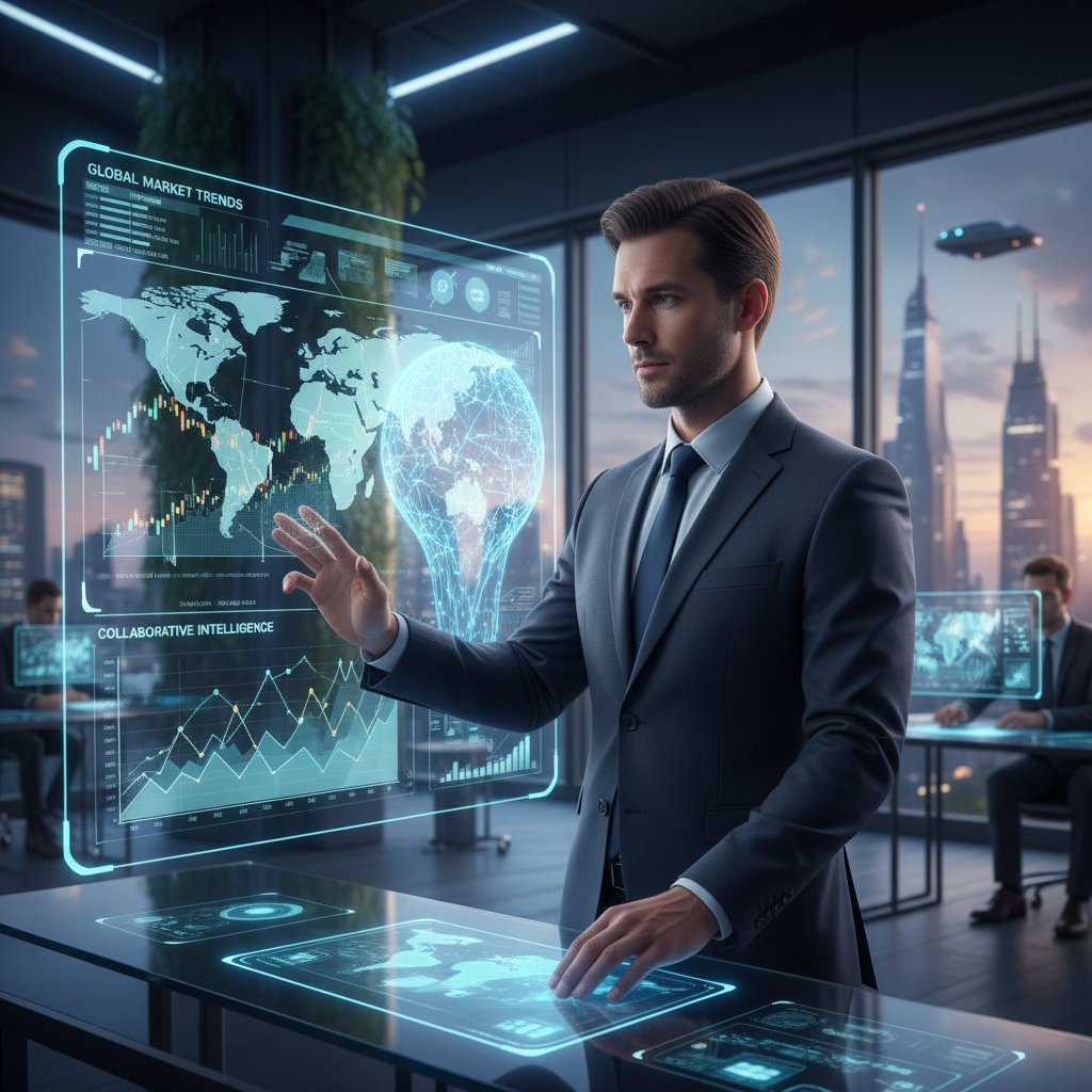 Photo of analyst collaborating with AI interface, reviewing key insights, document summarizer for market analysts