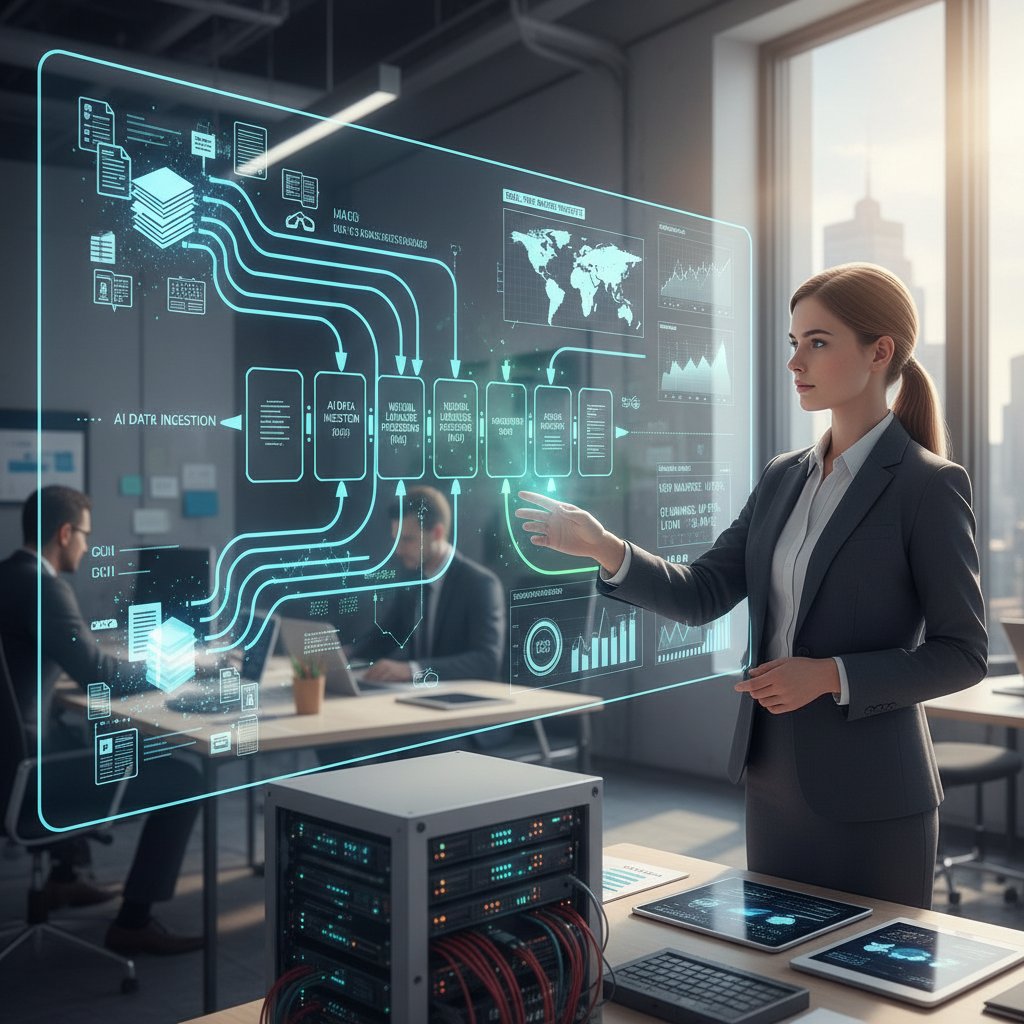 Schematic photo: Analyst at workstation, AI pipeline visualized on screens processing market reports