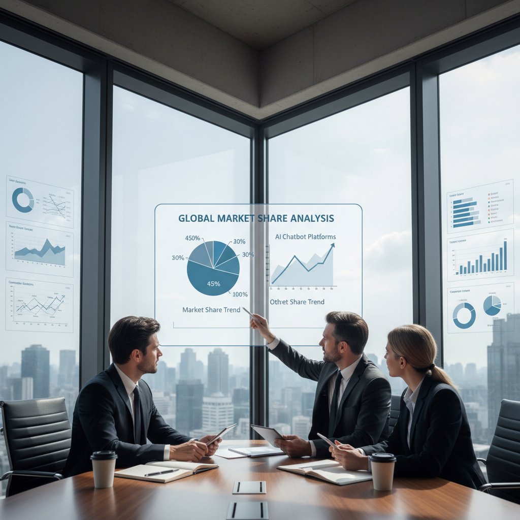 Executives analyzing global market share data for leading AI chatbot platforms, highlighting winners and underdogs, contemporary office environment