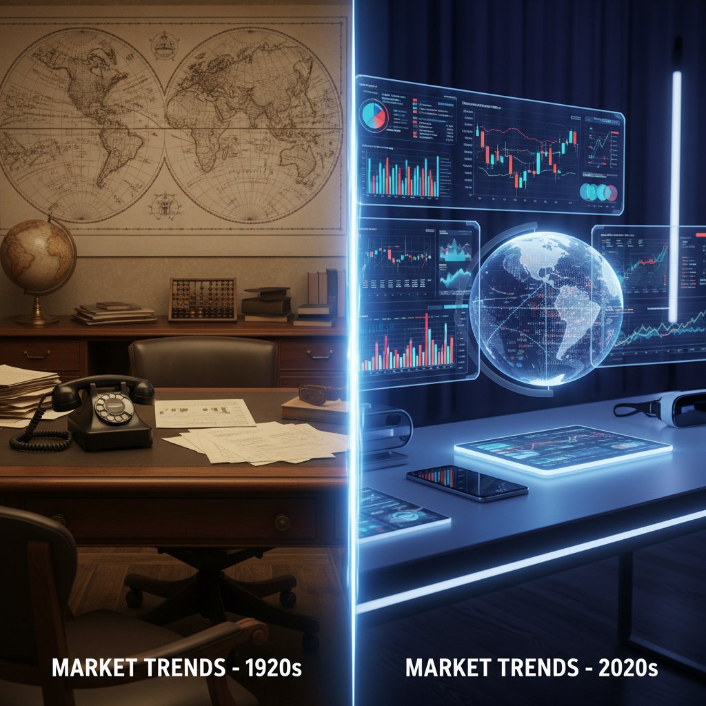 Vintage photo of a 1980s office with paper charts and rotary phones, contrasted with a modern digital analyst