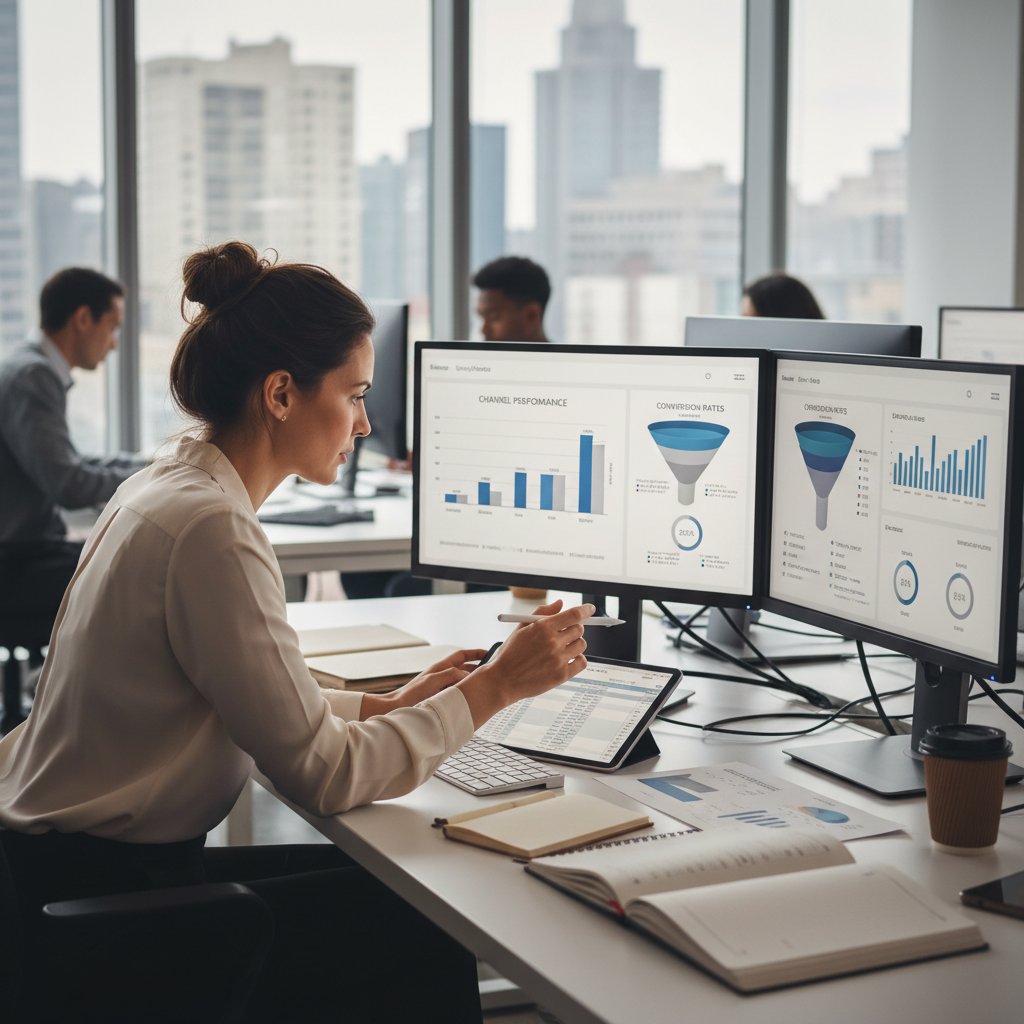 Marketer analizujący wykresy efektywności kanałów marketingowych, dynamiczna scena w biurze