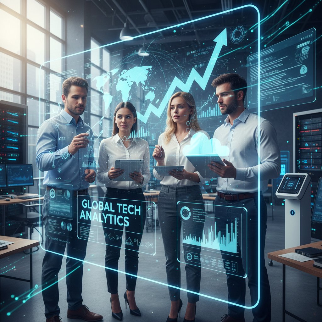 Specjaliści analizują dane na interaktywnym ekranie, symbolizującym rozwój technologii marketingowej
