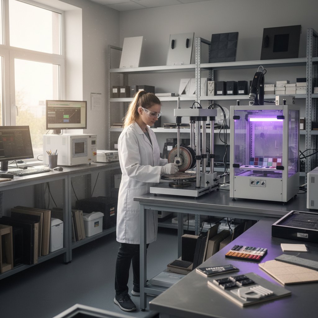 Lab technician testing car interior materials for abrasion and UV resistance in a bright laboratory