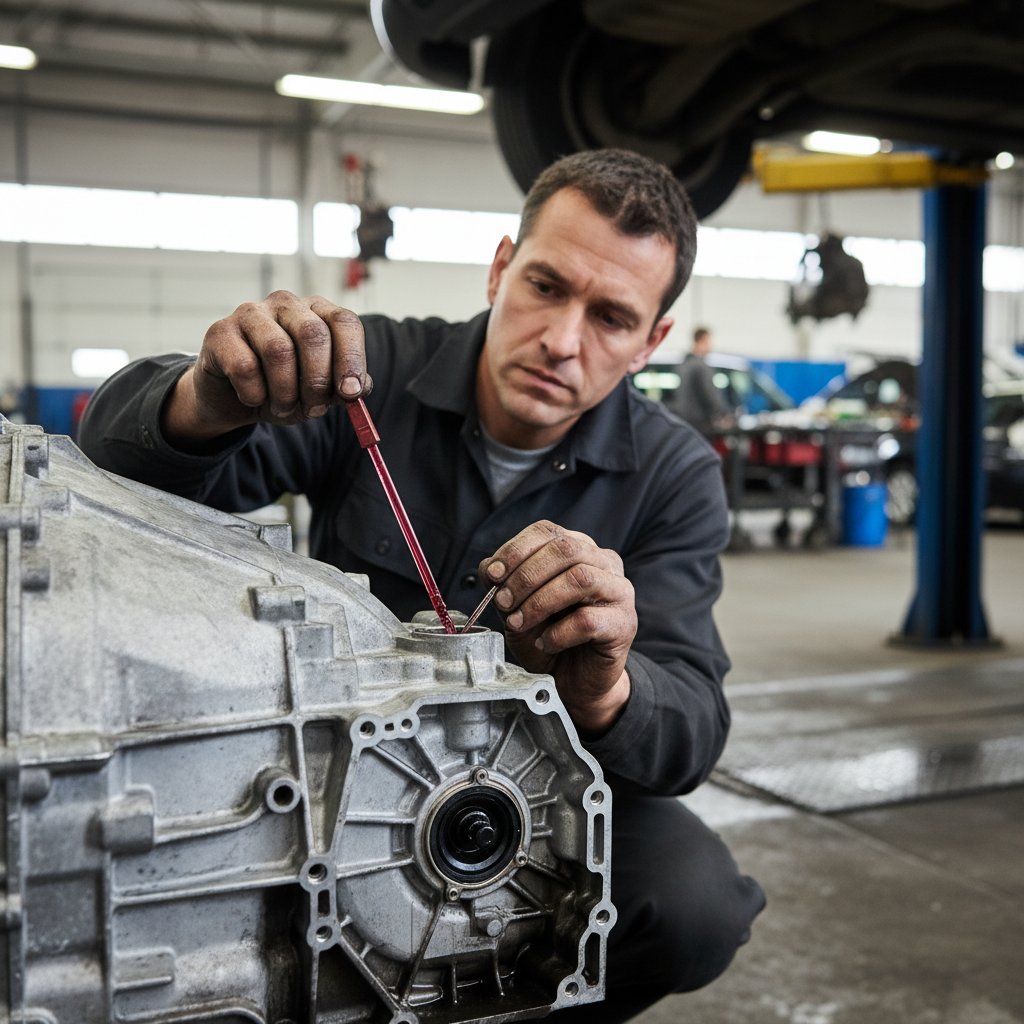 Mechanic checking transmission fluid dipstick, clean workshop, car on lift