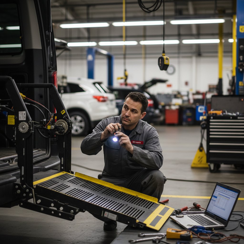 Mechanic inspecting ramp mechanism in wheelchair van, focusing on maintenance and safety for adaptive vehicles