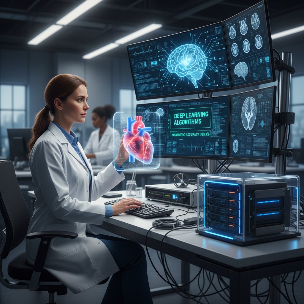 Inżynier medyczny przy komputerze analizujący dane diagnostyczne za pomocą AI