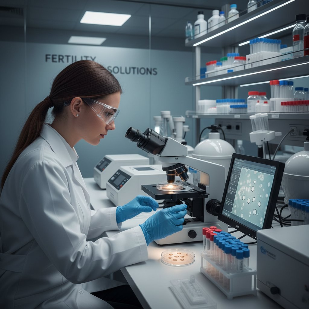 Zdjęcie laboratorium medycznego, fiolki z próbkami, personel analizujący wyniki płodności