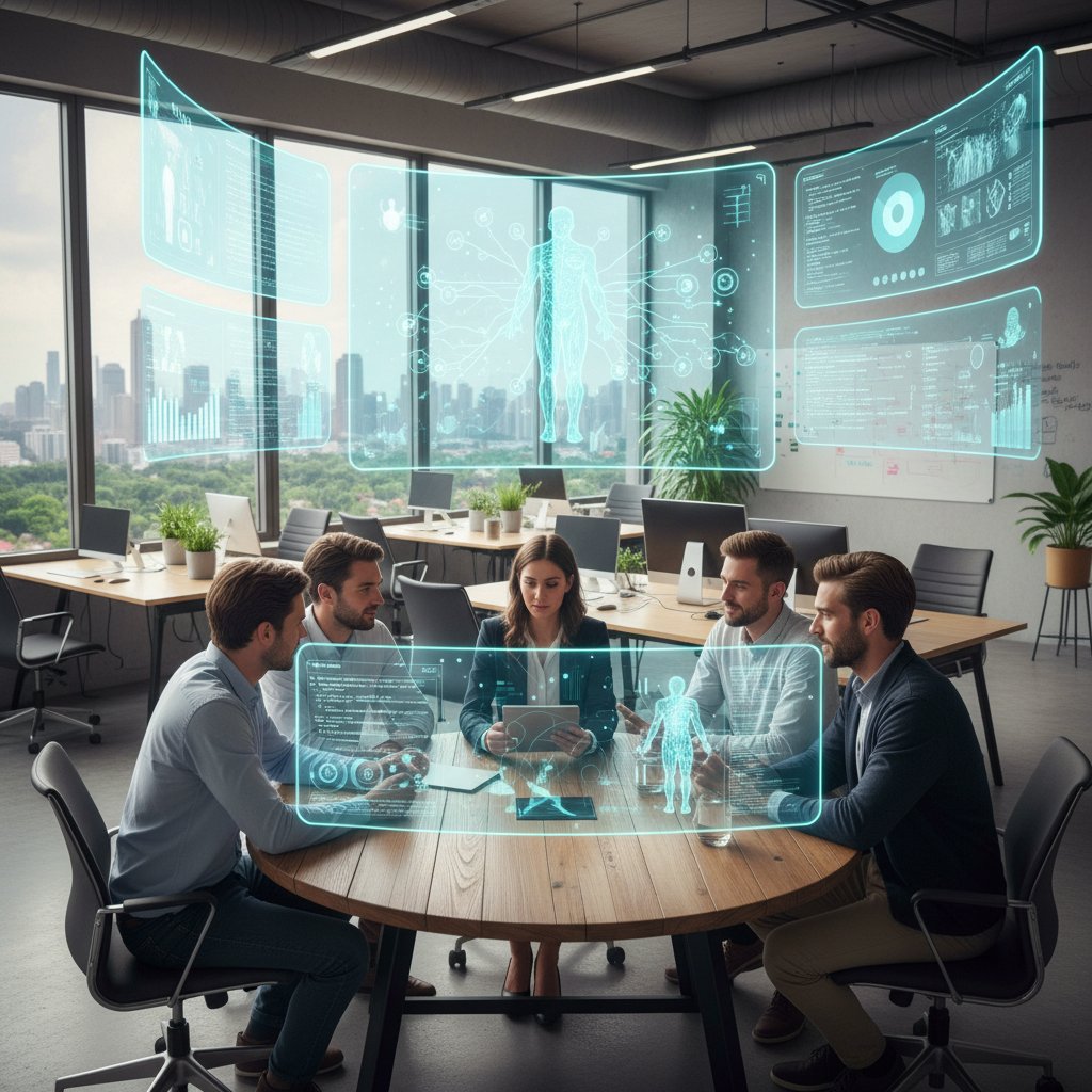 Startup medyczny pracujący nad algorytmem AI, zespół w biurze, ekrany pełne danych