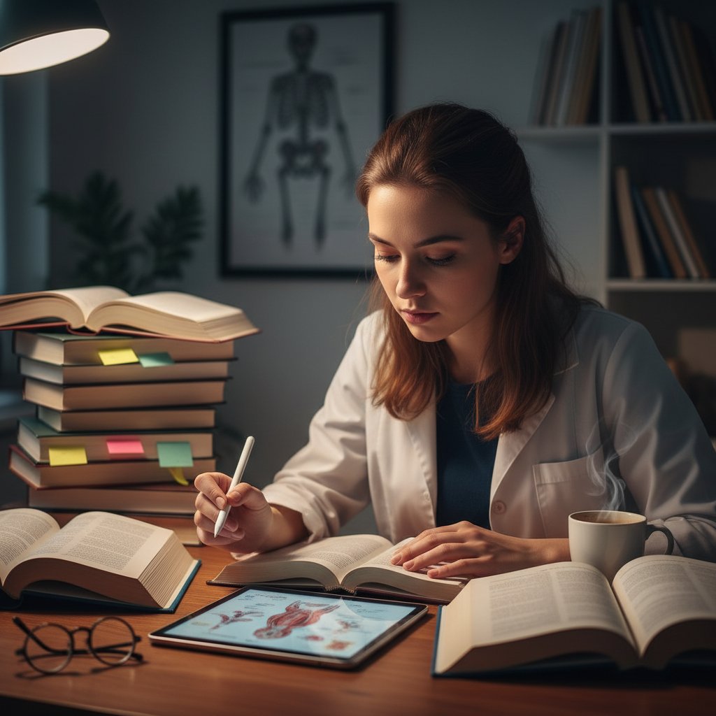 Student medycyny z książkami i tabletem, pogrążony w nauce, szybka nauka medyczna