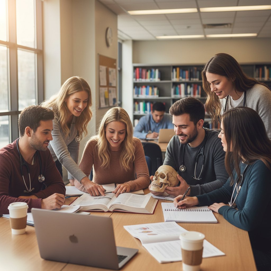 Studenci medycyny pracujący razem w grupie, nauka w społeczności