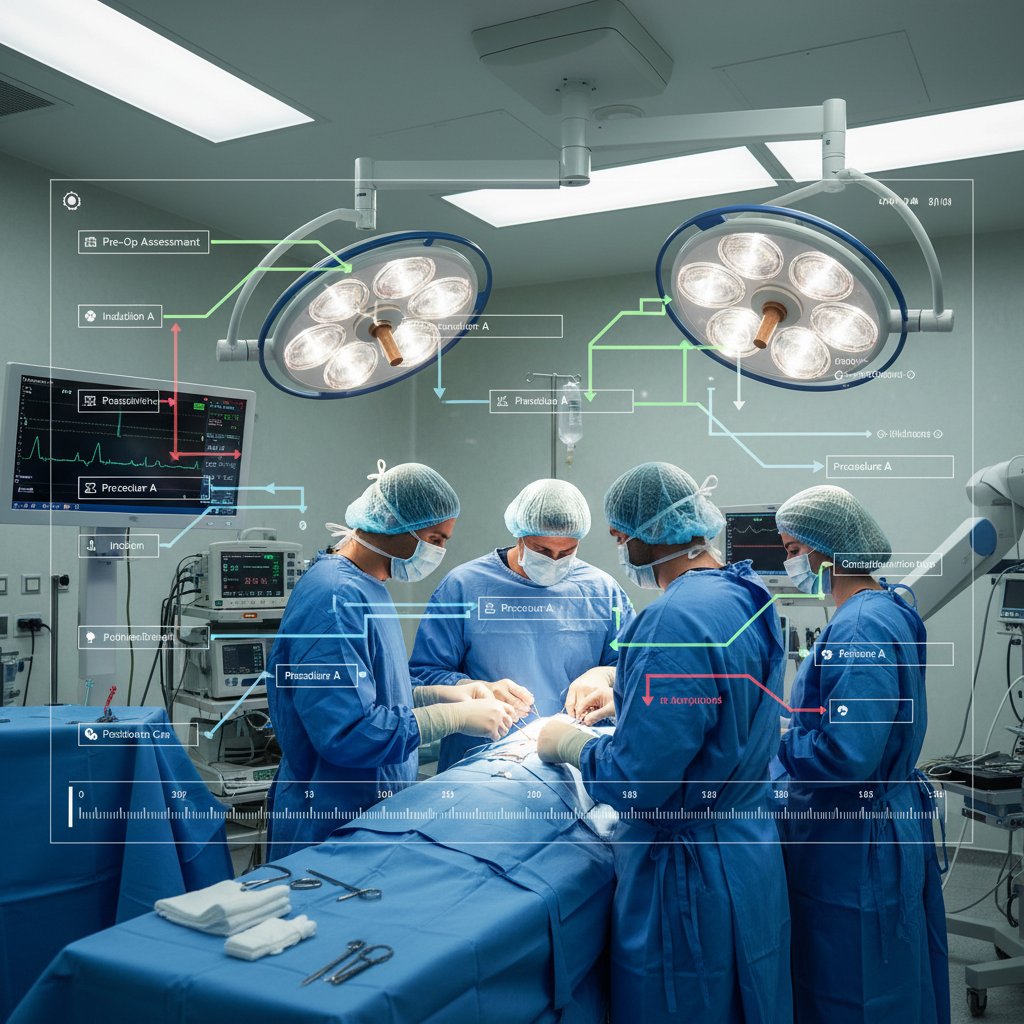 Szpitalna sala zabiegowa z zespołem medycznym, wdrażającym ścieżkę kliniczną w praktyce