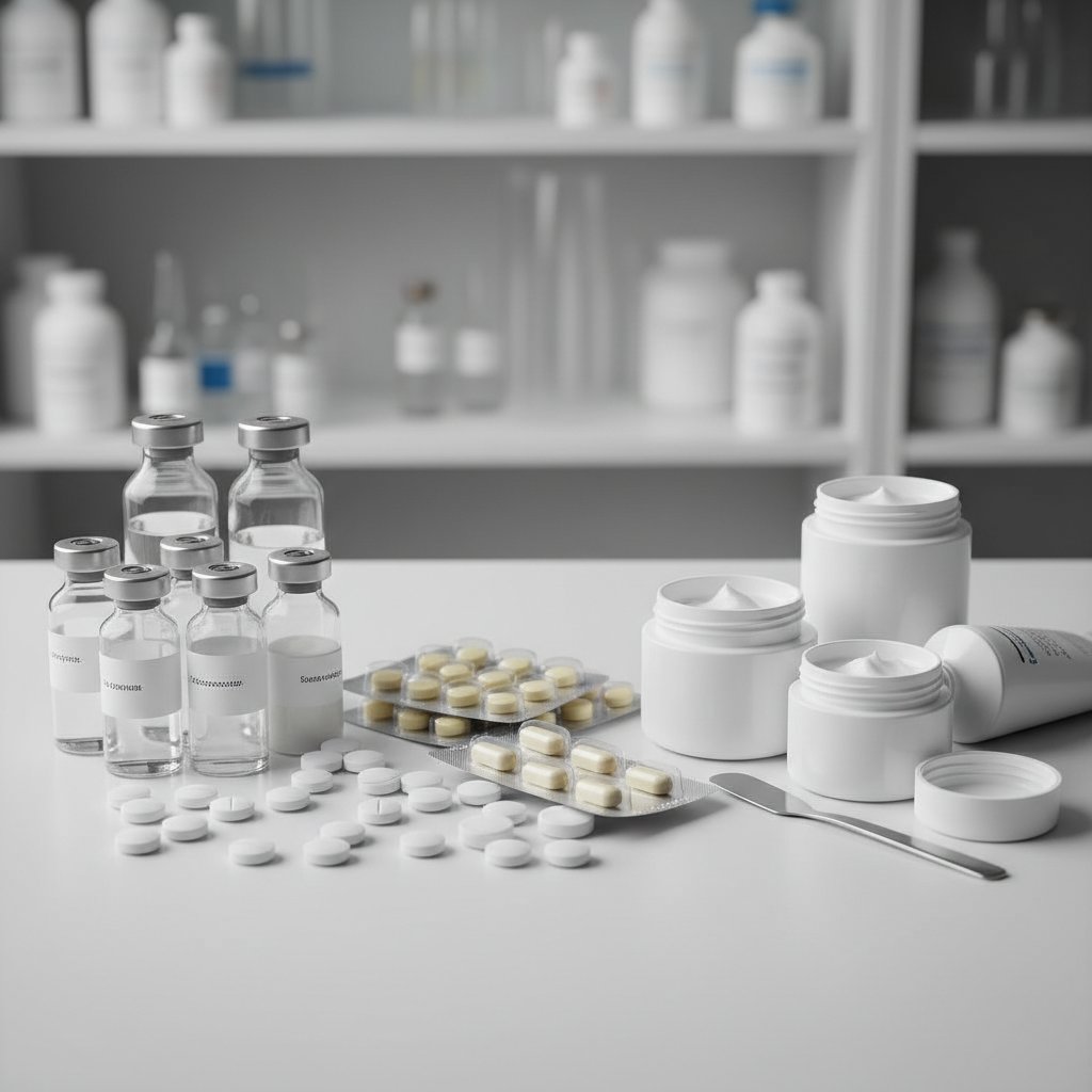 Zbliżenie na różne formy leków – tabletki, ampułki, maści na stole medycznym
