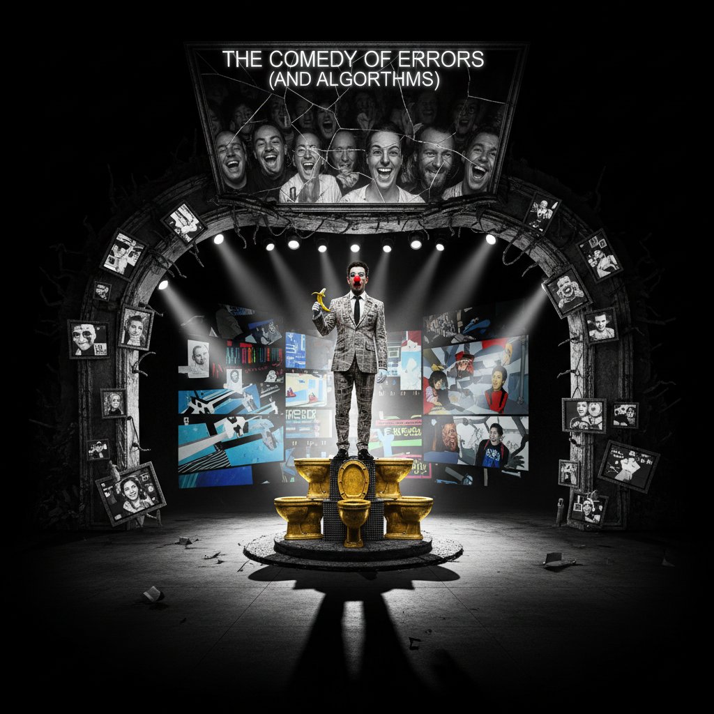 Meta-comedy cast on stage referencing classic comedy and satire, surreal props, audience in on the joke, high-contrast stage lighting
