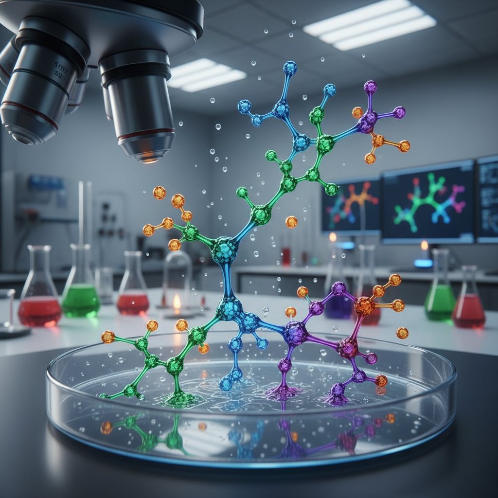 Mikroskopowe zdjęcie cząsteczek krzemu organicznego na tle laboratoryjnym