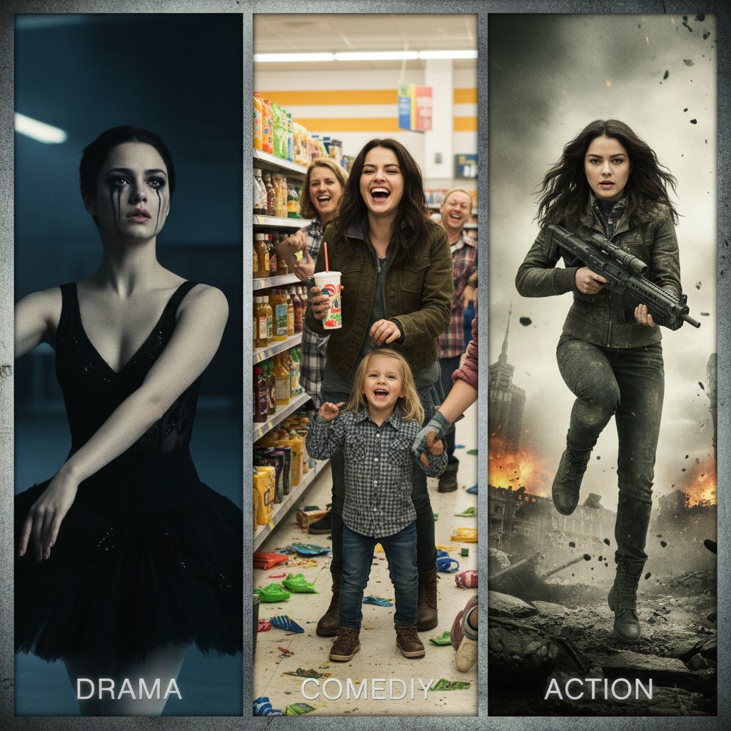 Collage of film stills in different genres, Mila Kunis in dramatic, comedic, and action roles