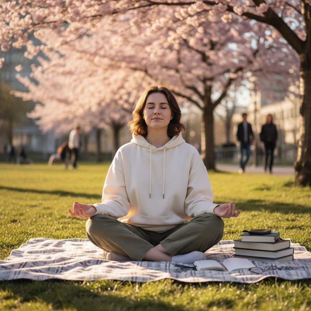 Uśmiechnięty student praktykuje mindfulness w parku, relaks i skupienie