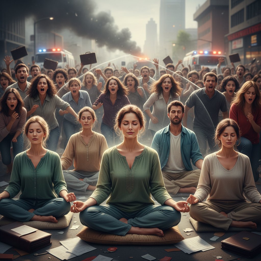 Osoba medytująca w tłumie, spokój kontra panika tłumu – mindfulness, odporność psychiczna