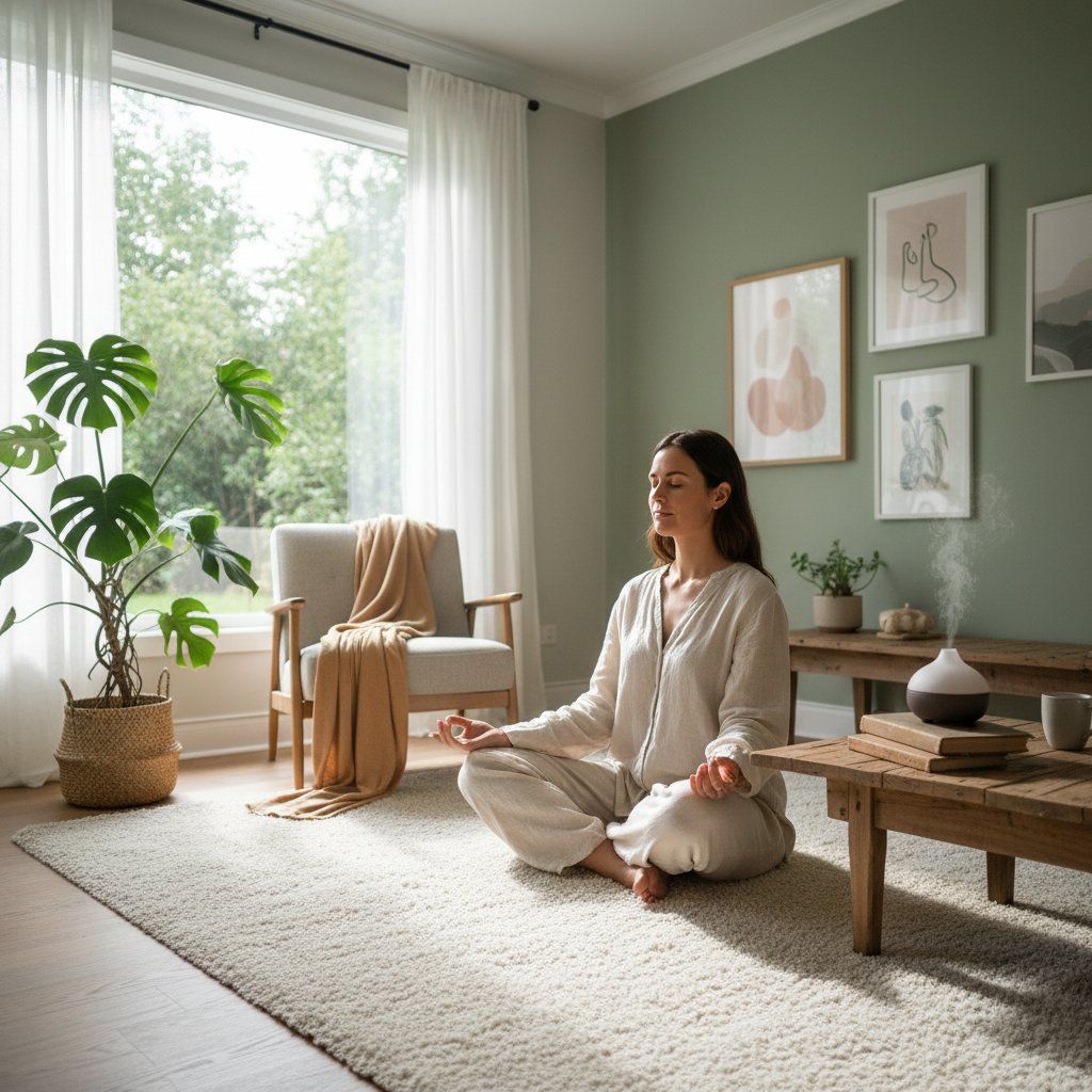 Osoba wykonująca ćwiczenia mindfulness w domowym zaciszu, spokojna atmosfera