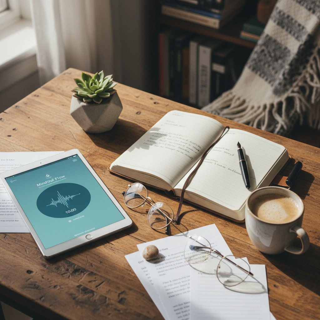 Overhead shot of a minimalist workspace, journal open with written prompts, coffee, plant, and phone with journaling app—mindfulness routine in action