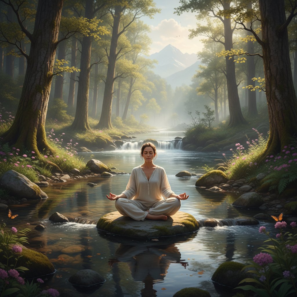 Osoba medytująca w spokojnym otoczeniu, symbolizująca praktykę mindfulness i uważności
