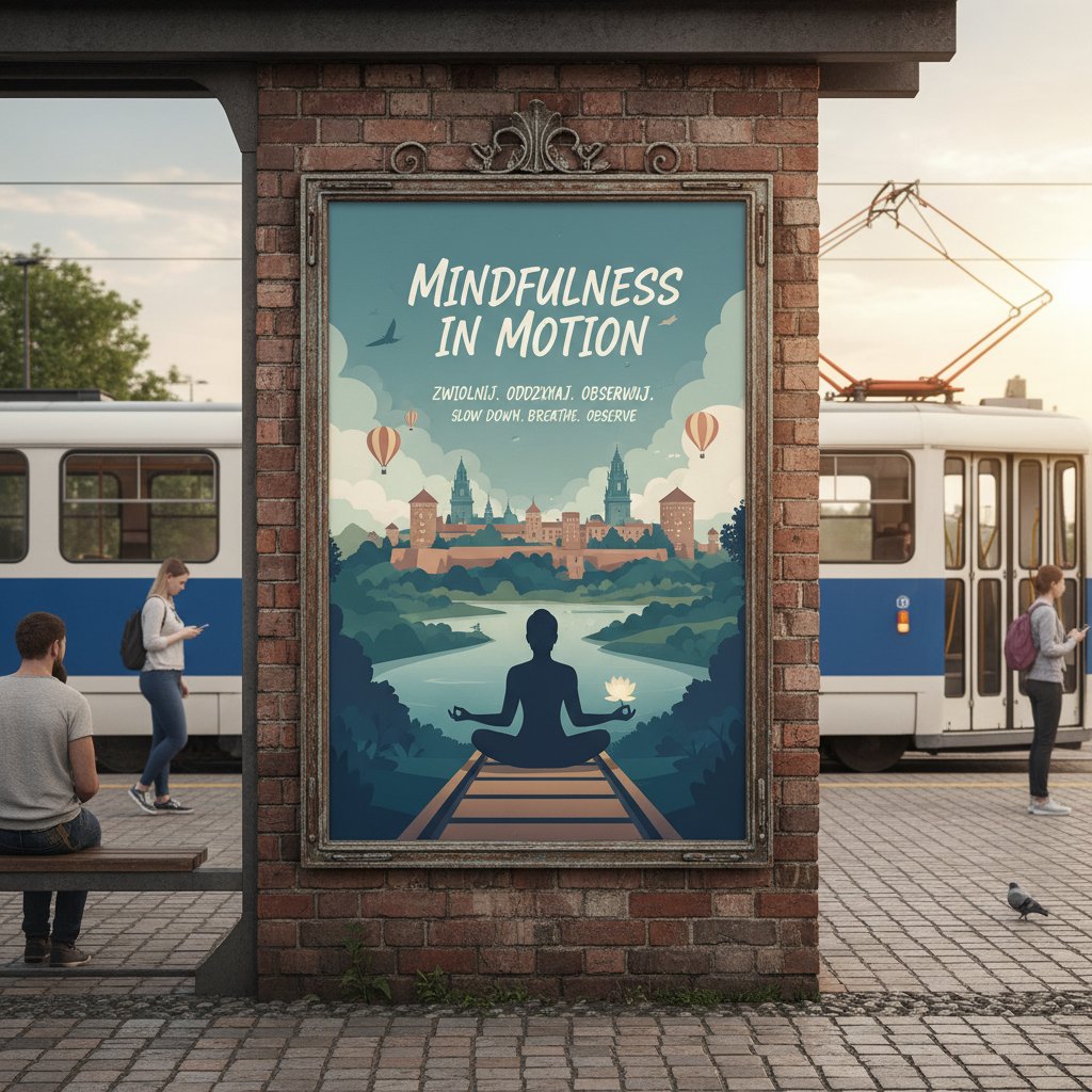 Plakat mindfulness na przystanku tramwajowym w Krakowie