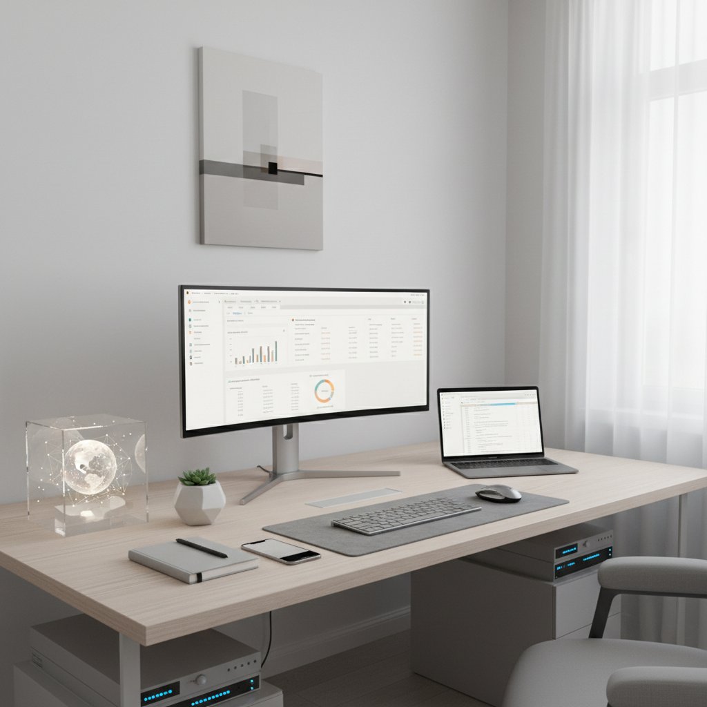 Minimalist business workspace with only essential data tools and clear digital screens, representing data minimalism trend