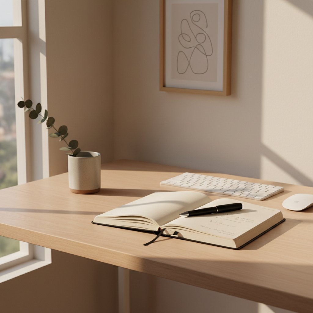 Minimalist workspace with journal, pen, soft lighting, and calming objects for mindful journaling