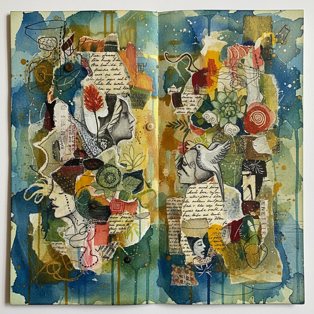 Mixed-media journal page for creative expression and emotional healing journey