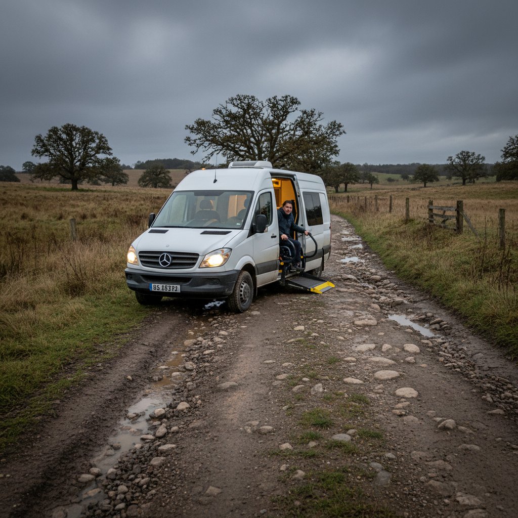 Mobility van on rural road facing accessibility challenges, showing muddy terrain and real-world barriers