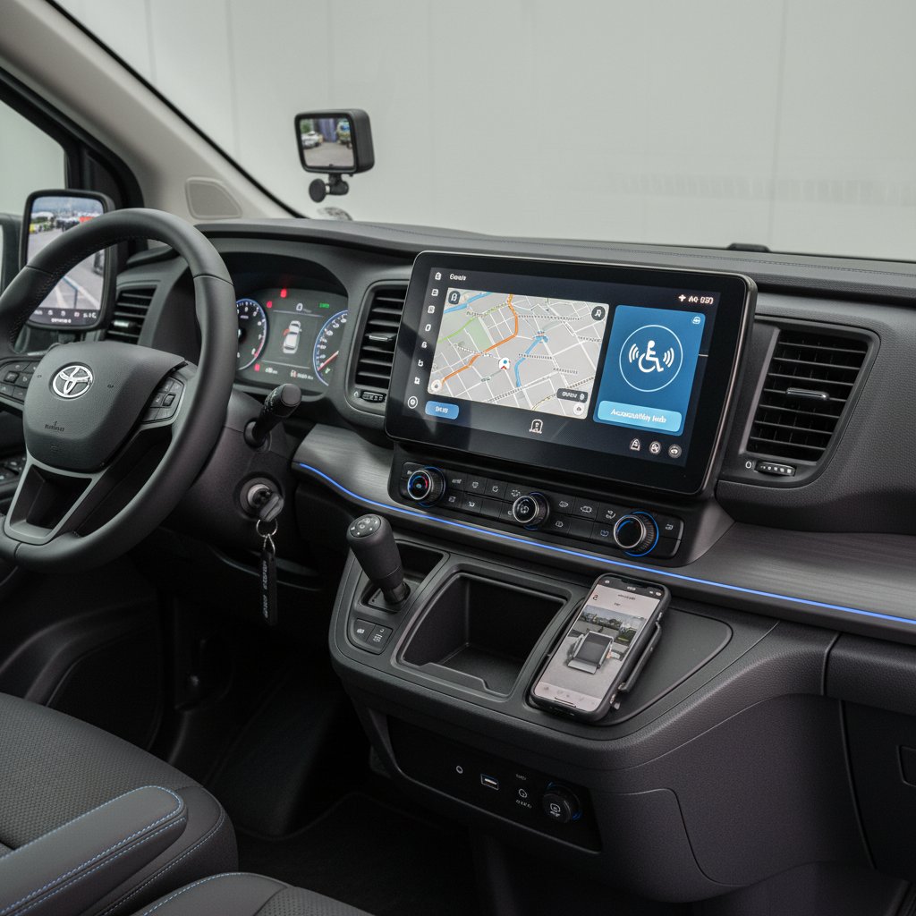 Mobility van dashboard with smart technology showing connectivity and accessibility features