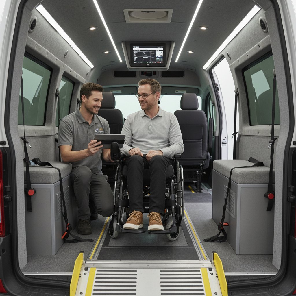 User and caregiver testing mobility van interior at a dealership, evaluating space and controls