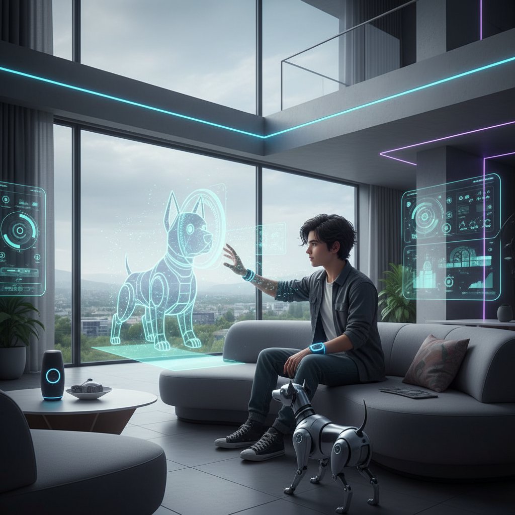 Nowoczesny interfejs pieska AI, młody użytkownik, smart home, innowacyjne funkcje