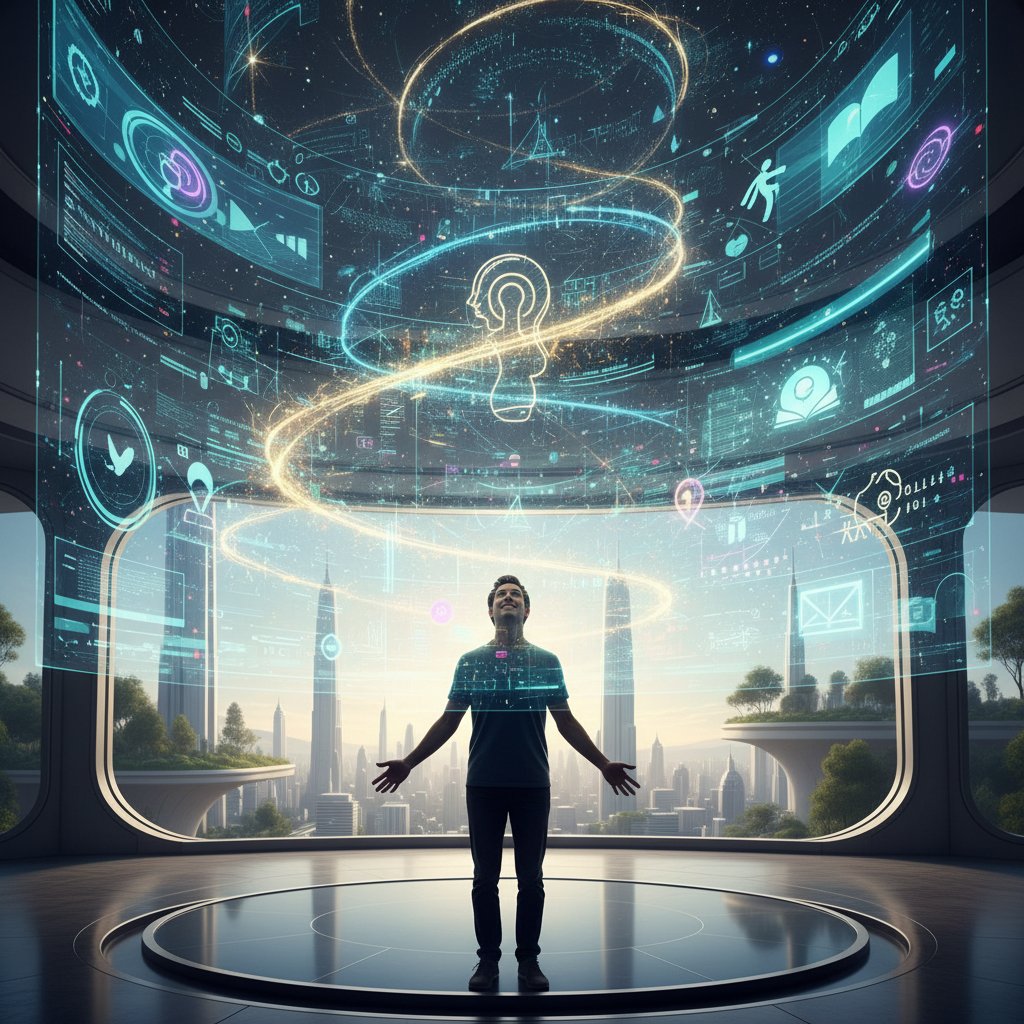 Nowoczesny interfejs AI, osoba oczarowana przez technologię, symbol idealizacji AI.