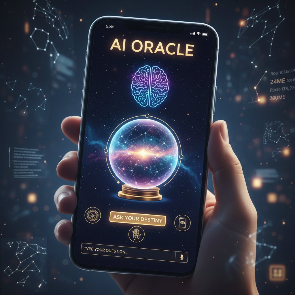 Nowoczesny interfejs aplikacji AI do wróżb, technologia i duchowość