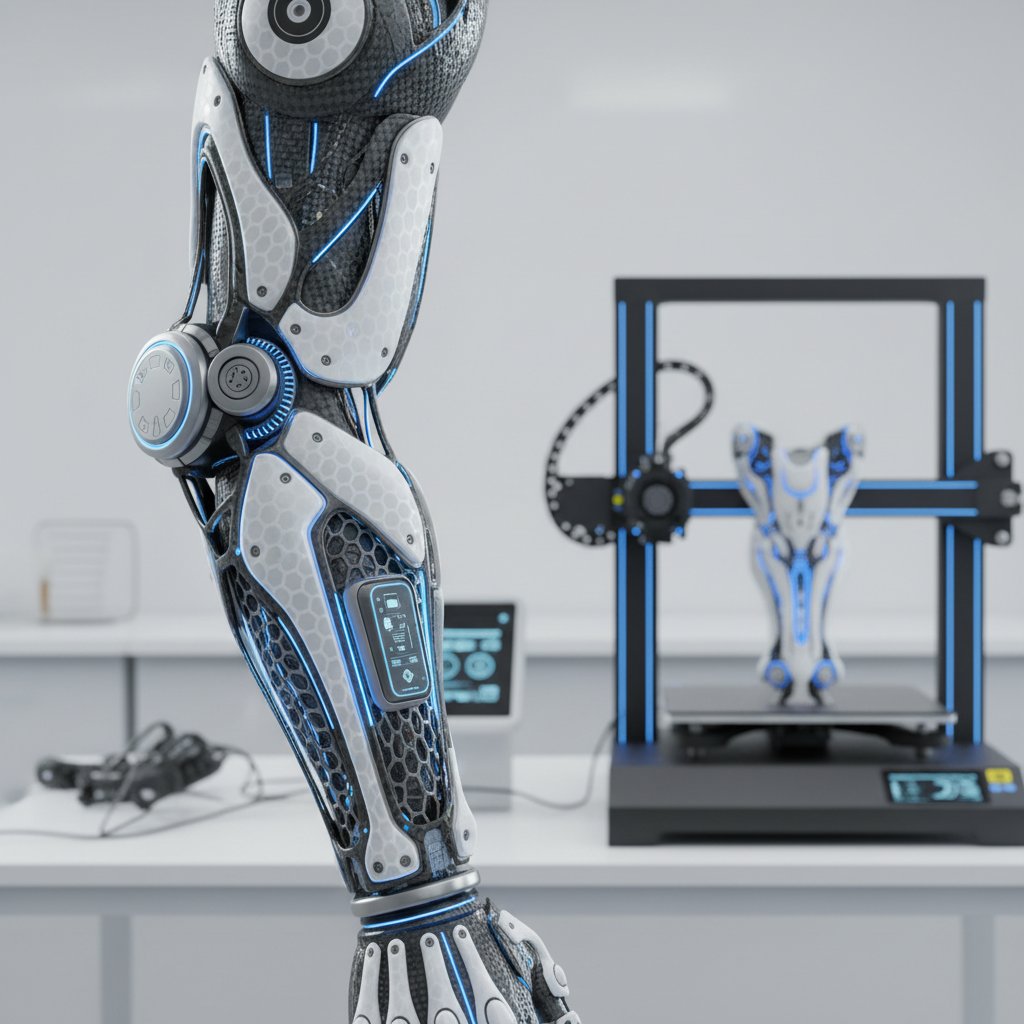 Nowoczesna orteza na rękę z elementami z druku 3D, dynamiczne światło, młody mężczyzna w tle