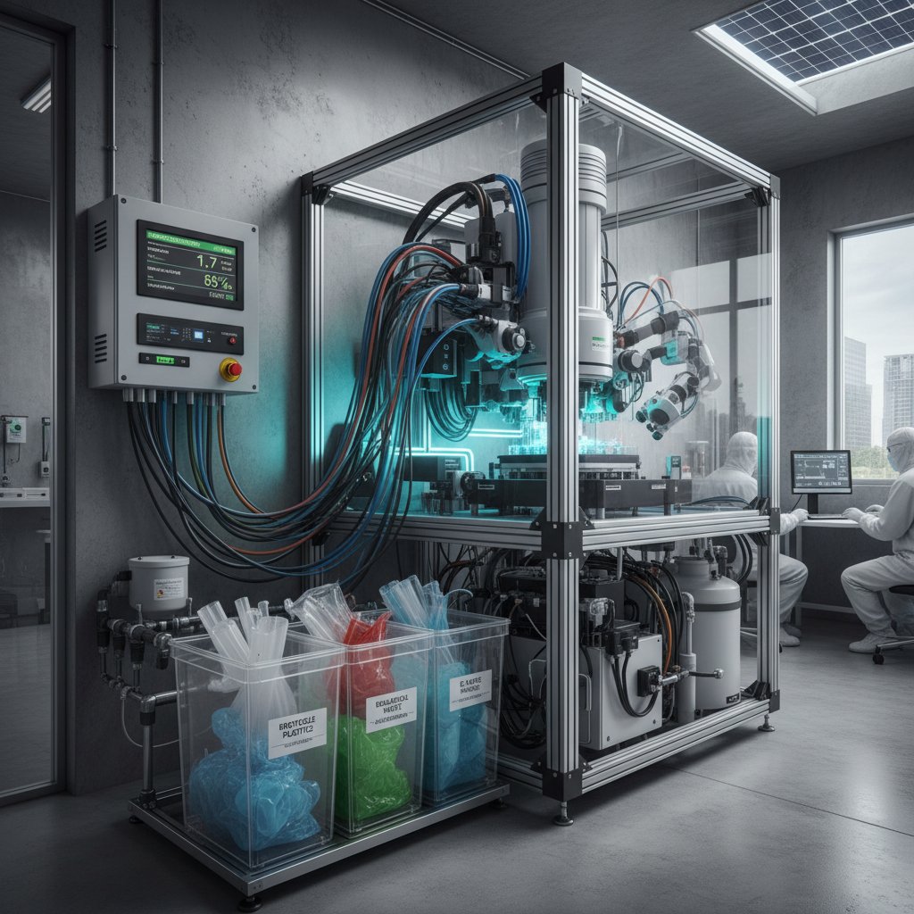 Nowoczesne laboratorium biodruku 3D z widocznymi poborami prądu i odpadami
