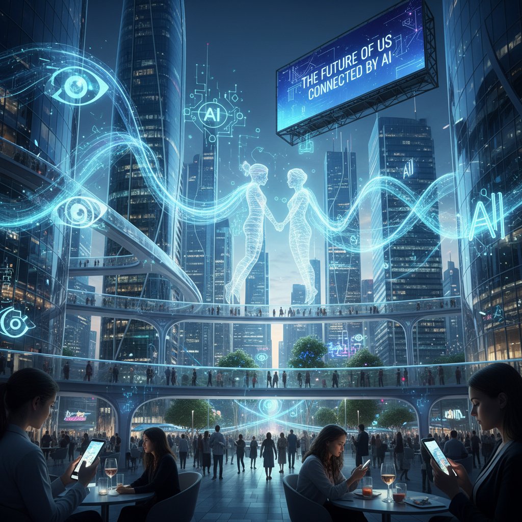Moderne Großstadt, Menschen mit Smartphone, leuchtende KI-Symbole über Köpfen, digitale Zukunft von Beziehungen
