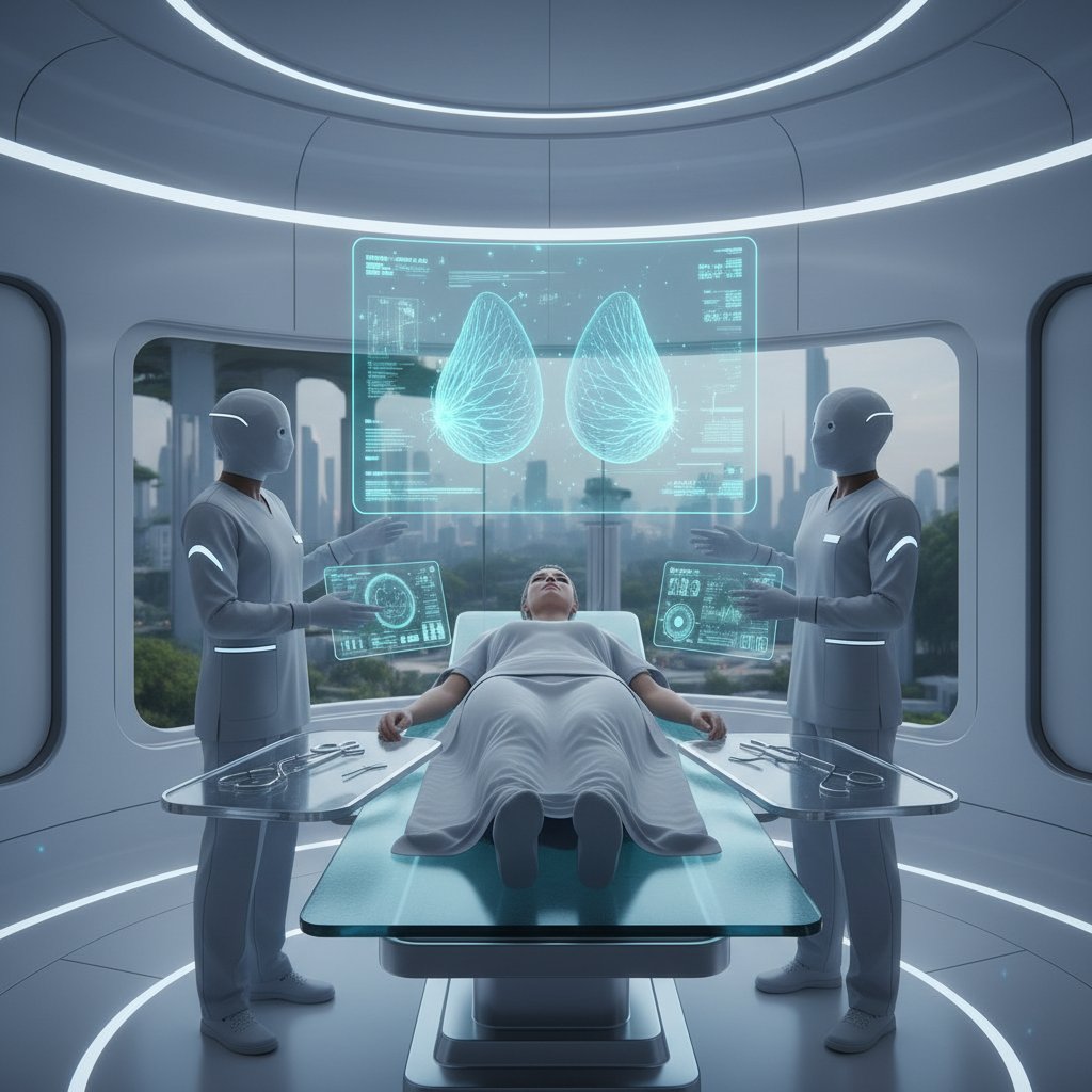 Nowoczesna klinika chirurgii plastycznej z holograficzną wizualizacją efektów mammoplastyki na ekranie