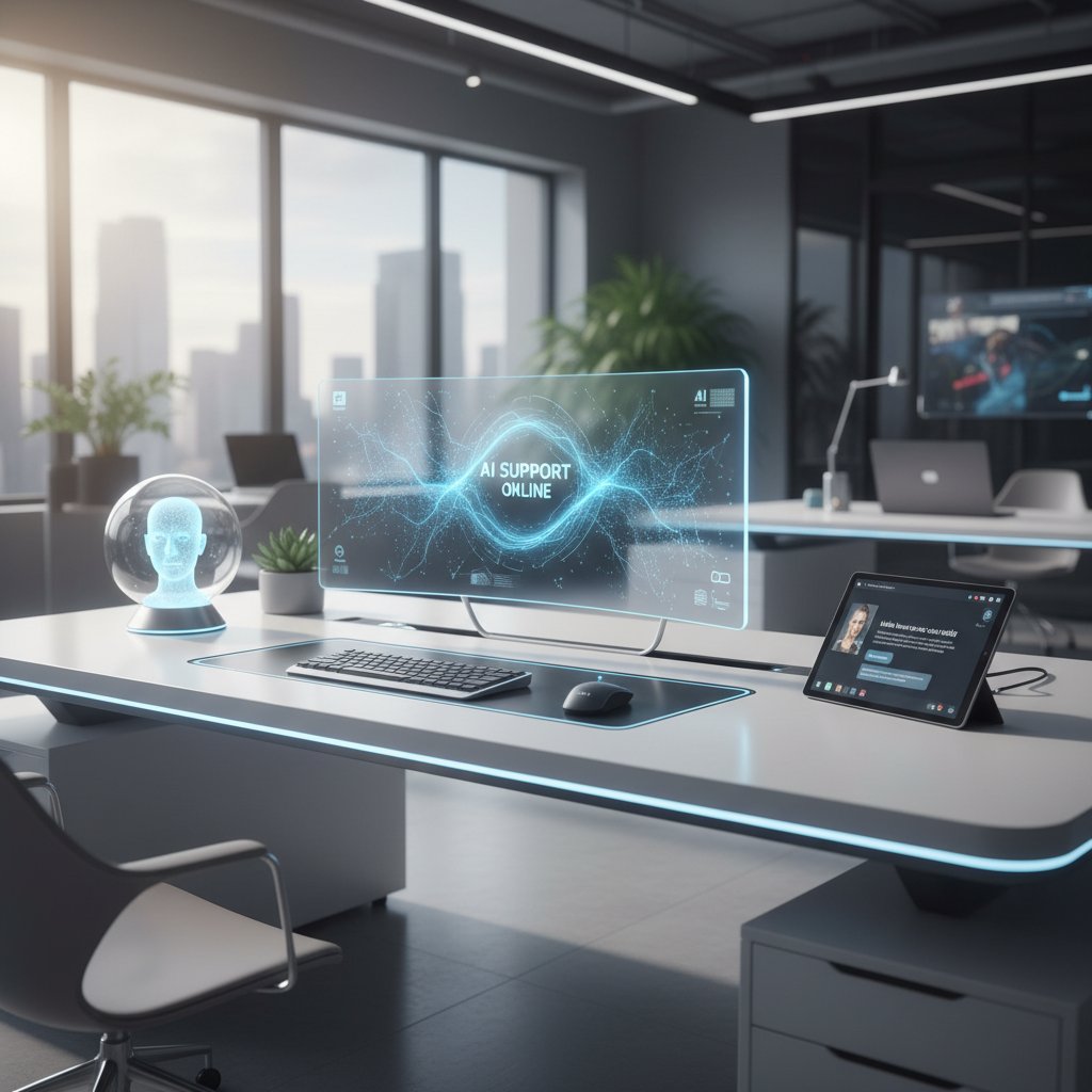 Nowoczesne stanowisko pracy z ekranem AI, neutralna atmosfera wsparcia online