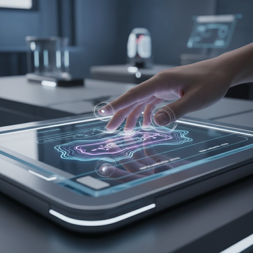 Nowoczesne urządzenie do symulacji dotyku zbliżenie na dłoń, słowa kluczowe: technologia dotyku, głaskanie, przyszłość