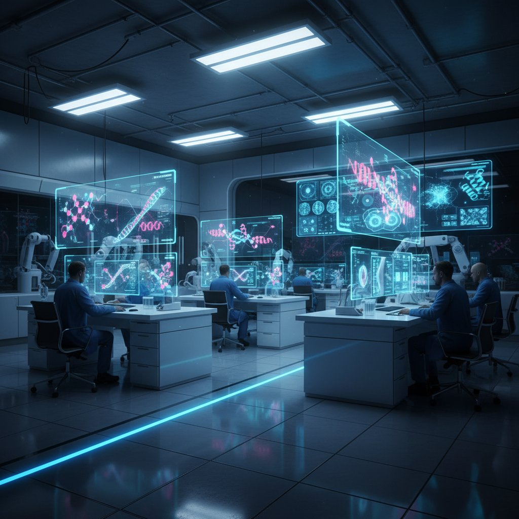 Laboratorium diagnostyczne z dynamicznymi ekranami pokazującymi obrazy molekularne, nowoczesne technologie medyczne