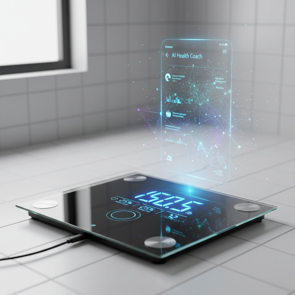 Nowoczesna waga diagnostyczna z wyświetlaczem LED, w tle ekran z aplikacją AI