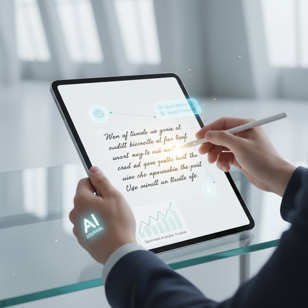 Modern journaling with AI-powered digital tools, person journaling on tablet with reflective interface, high-tech, clean background