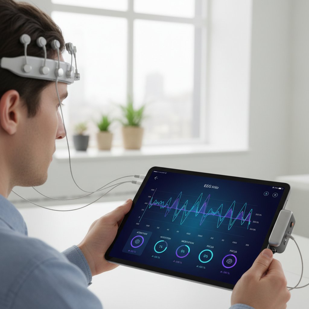 Nowoczesne urządzenia EEG biofeedback i tablet z aplikacją do analizy fal mózgowych