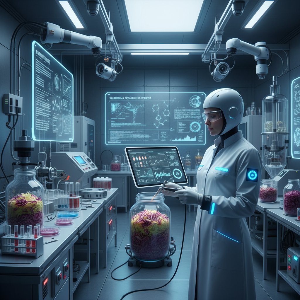 Nowoczesne laboratorium fermentacyjne, naukowiec badający próbki kiszonej kapusty