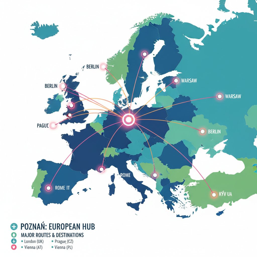 Mapa Europy z zaznaczonymi lotami z Poznania w 2025 roku