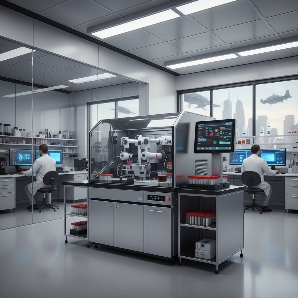 Nowoczesne laboratorium z analizatorem krwi – obrazek ilustrujący temat INR